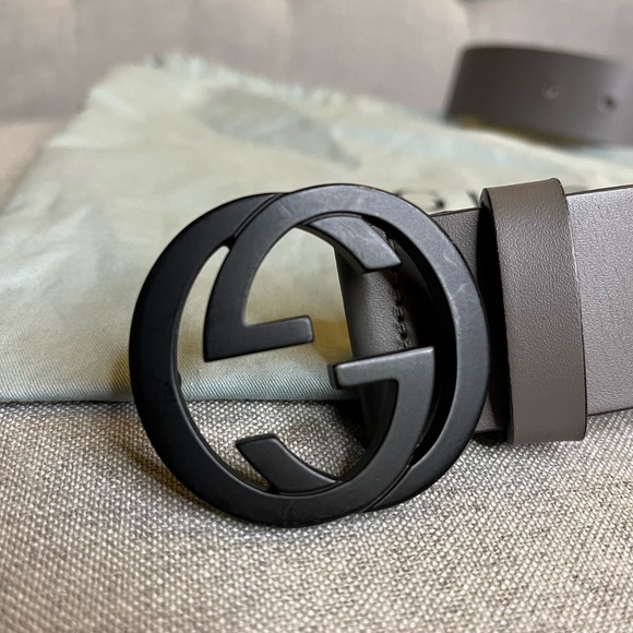 GUCCI BELT Grey Leather with Matte Black Interlocking G - Picture 2 of 7